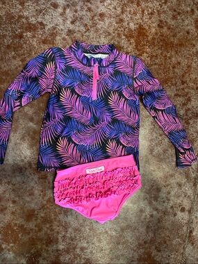 Ruffle Butts Pink & Purple Tropical Leaf Long-Sleeve Rashguard Set